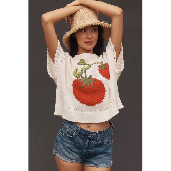 NWT Size 1X -Maeve Short-Sleeve Crew-Neck Veggie Motif Graphic Sweater Tomato - Picture 5 of 17